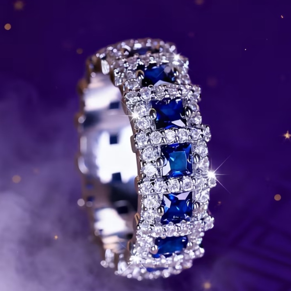 White Golf Finish Eternity Ring with Square Sapphire Stones